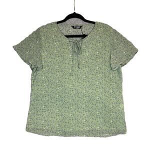 NWT Allegra K Tie Neck Short Sleeve Ruffled Floral Blouse Green